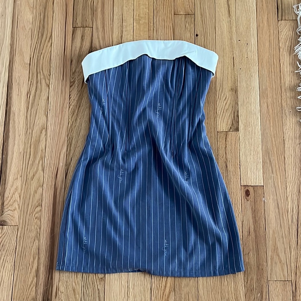 With Jean Navy Pinstripe Strapless Mini Dress with White Trim